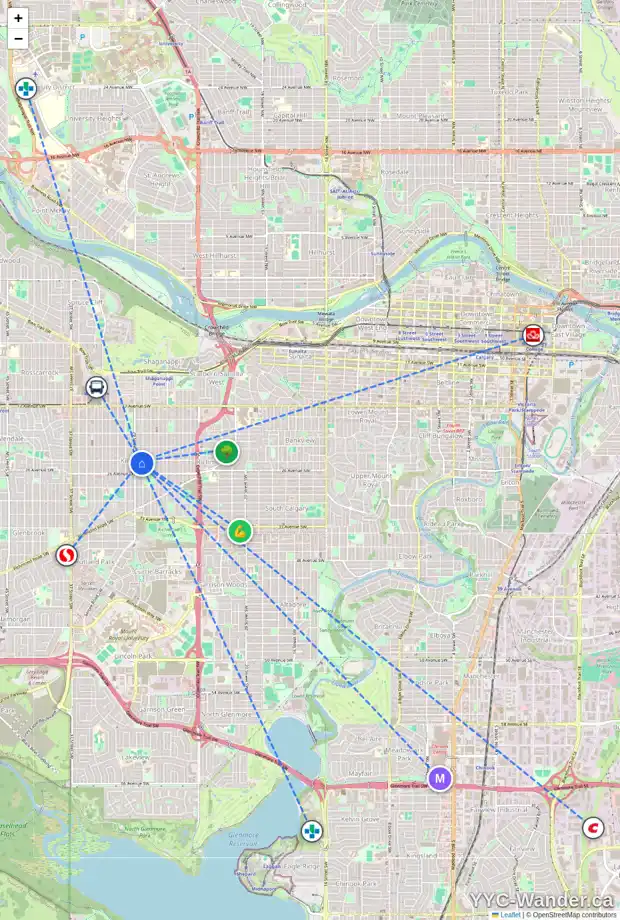 Daily accessibility map for 2909 25 AV SW, Calgary showing nearby schools, grocery stores, parks, LRT stations and nearby amenities