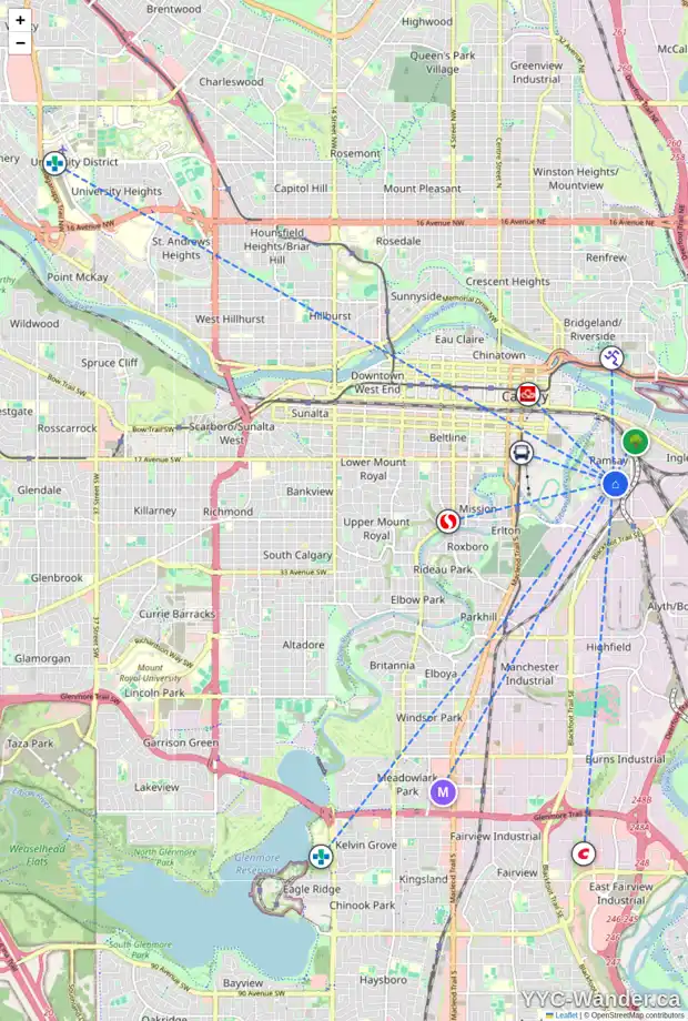 Daily accessibility map for 921 20 AV SE, Calgary showing nearby schools, grocery stores, parks, LRT stations and nearby amenities