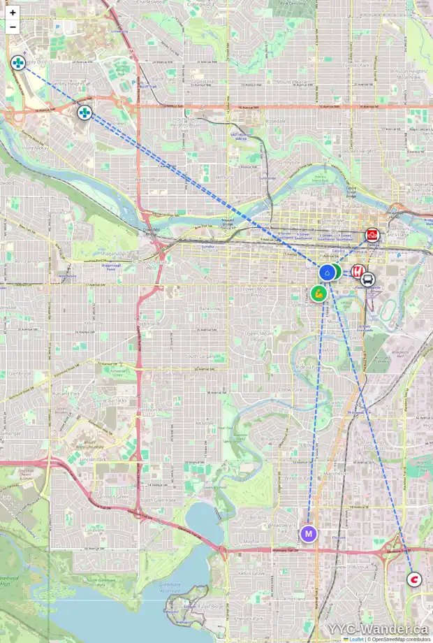 Daily accessibility map for 314 14 AV SW, Calgary showing nearby schools, grocery stores, parks, LRT stations and nearby amenities