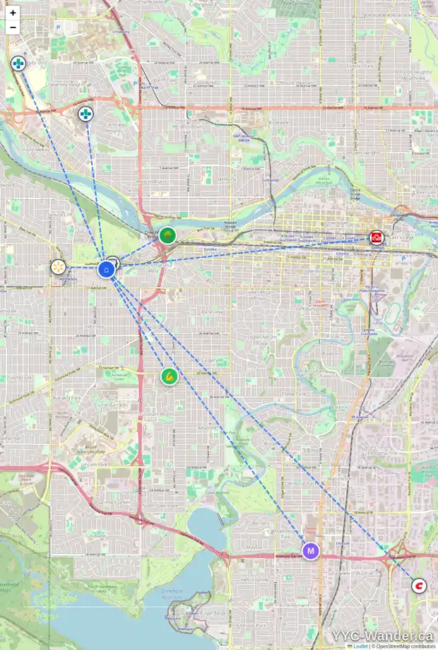 Daily accessibility map for 1411 27 ST SW, Calgary showing nearby schools, grocery stores, parks, LRT stations and nearby amenities