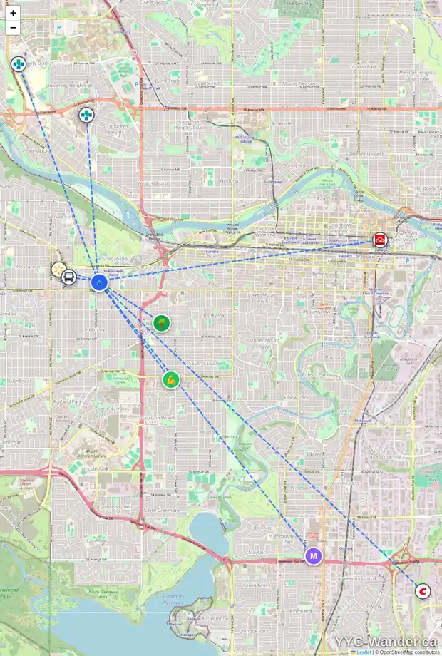 Daily accessibility map for 1708 29 ST SW, Calgary showing nearby schools, grocery stores, parks, LRT stations and nearby amenities