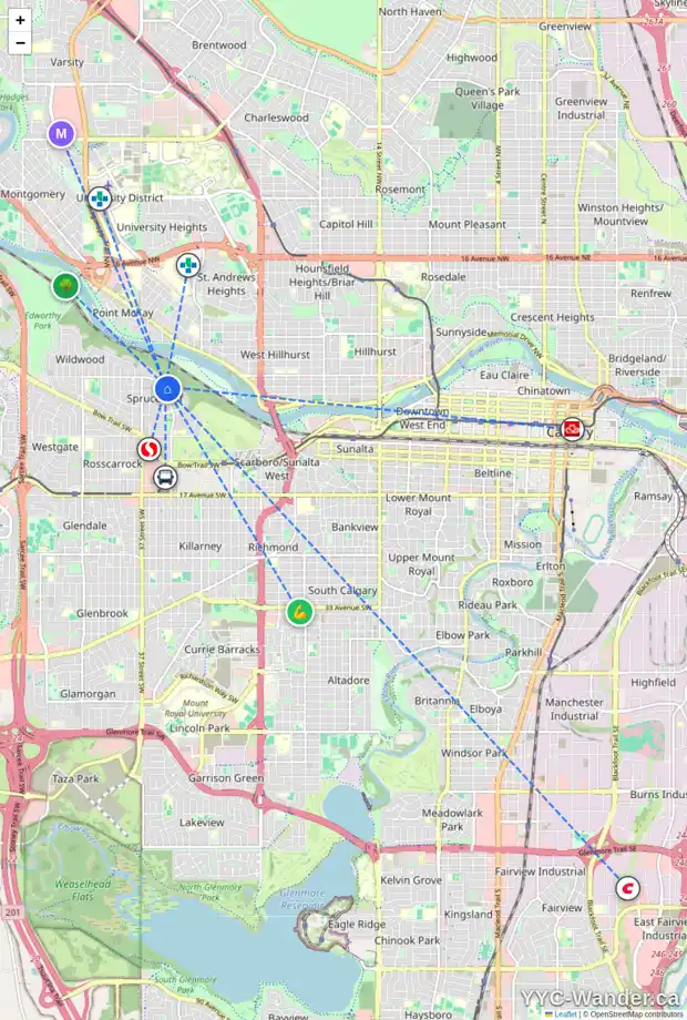 Daily accessibility map for 3519 SPRUCE DR SW, Calgary showing nearby schools, grocery stores, parks, LRT stations and nearby amenities