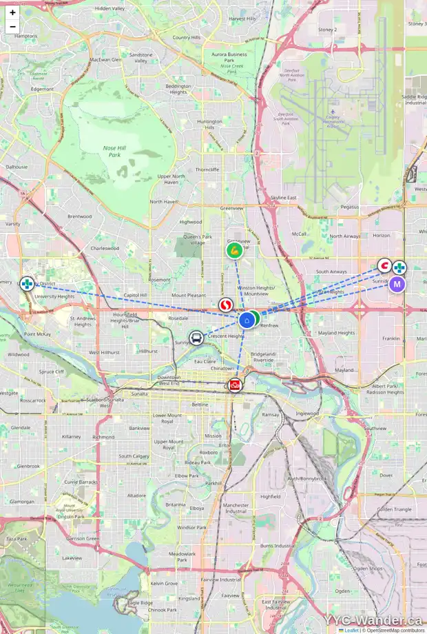 Daily accessibility map for 516 13 AV NE, Calgary showing nearby schools, grocery stores, parks, LRT stations and nearby amenities