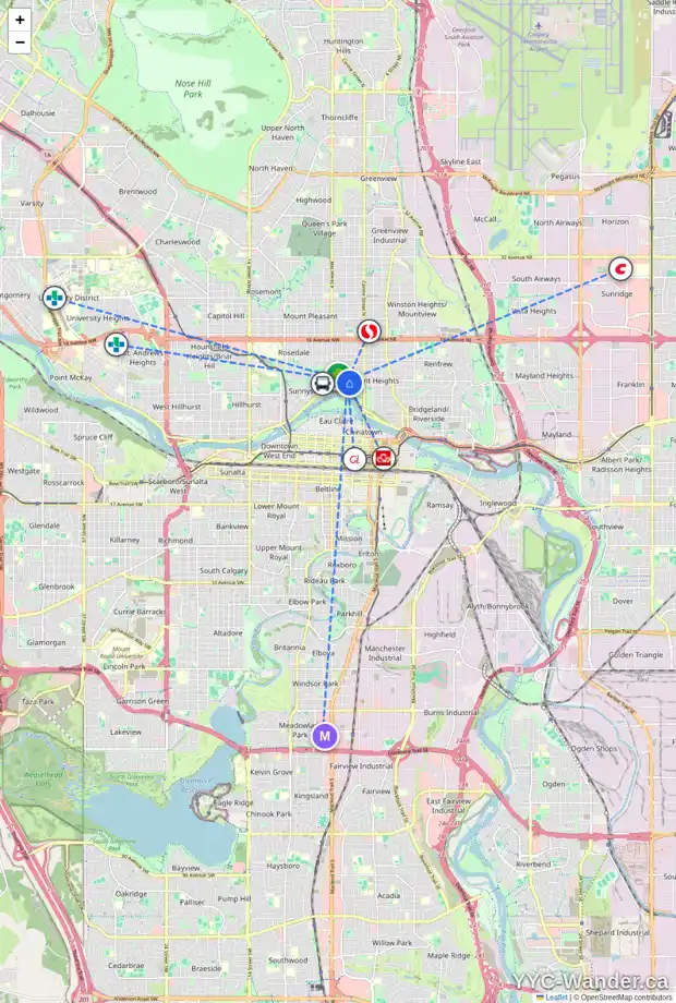 Daily accessibility map for 239 8 AV NW, Calgary showing nearby schools, grocery stores, parks, LRT stations and nearby amenities