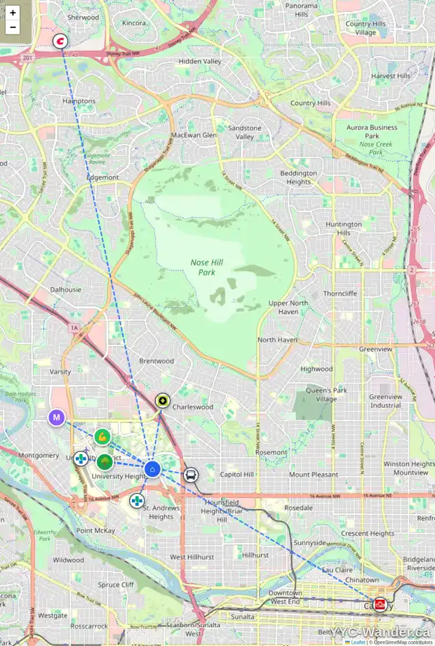 Daily accessibility map for 2215 USHER RD NW, Calgary showing nearby schools, grocery stores, parks, LRT stations and nearby amenities