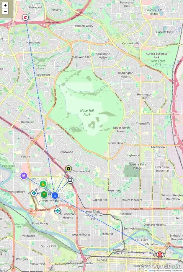 Daily accessibility map for 3232 UPLANDS PL NW, Calgary showing nearby schools, grocery stores, parks, LRT stations and nearby amenities