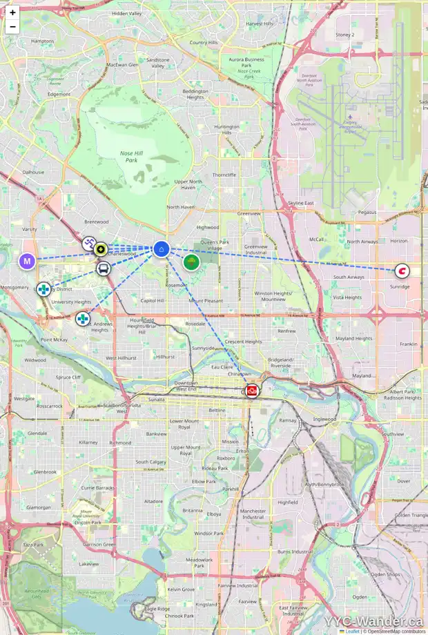 Daily accessibility map for 42 CHELTENHAM RD NW, Calgary showing nearby schools, grocery stores, parks, LRT stations and nearby amenities
