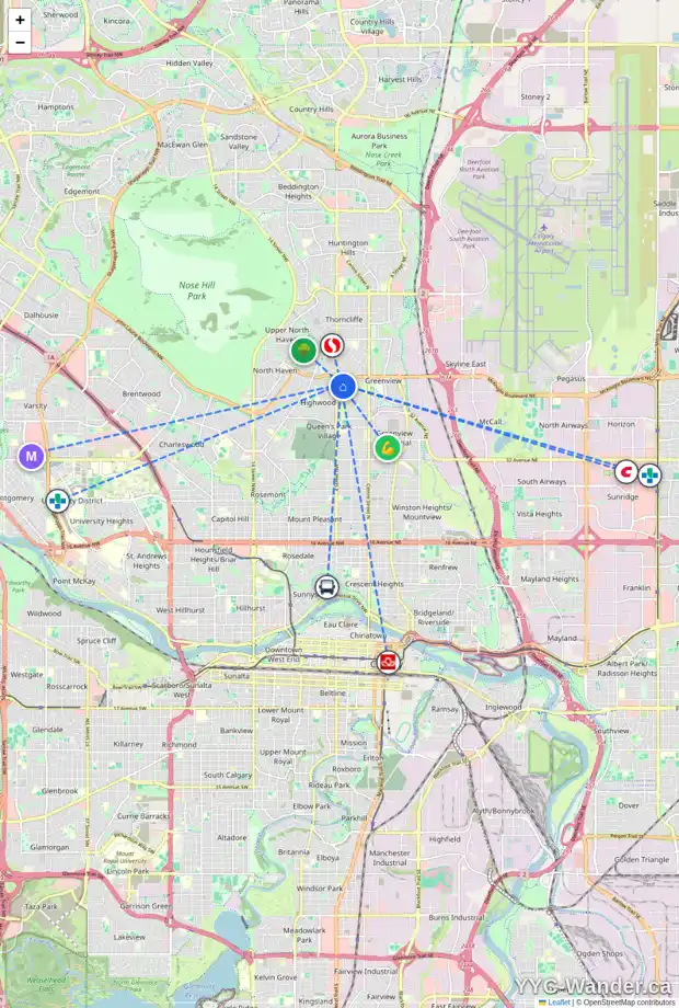 Daily accessibility map for 13 HIGHLAND PL NW, Calgary showing nearby schools, grocery stores, parks, LRT stations and nearby amenities
