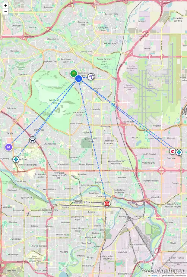 Daily accessibility map for 32 BERMONDSEY RI NW, Calgary showing nearby schools, grocery stores, parks, LRT stations and nearby amenities