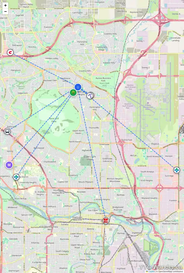 Daily accessibility map for 56 380 BERMUDA DR NW, Calgary showing nearby schools, grocery stores, parks, LRT stations and nearby amenities