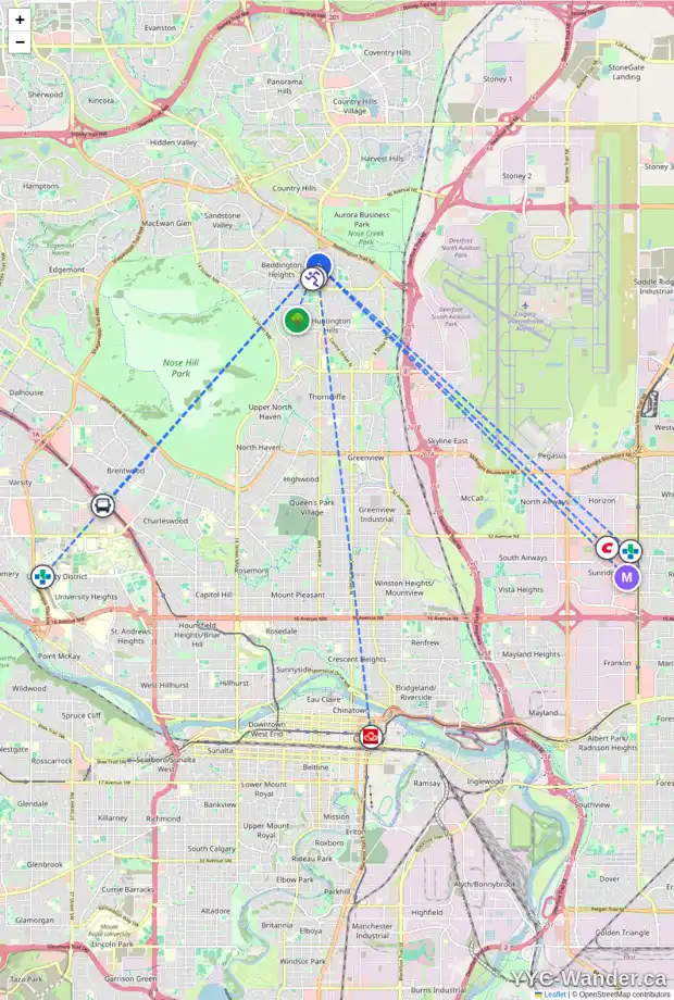 Daily accessibility map for 156 BERGEN CR NW, Calgary showing nearby schools, grocery stores, parks, LRT stations and nearby amenities