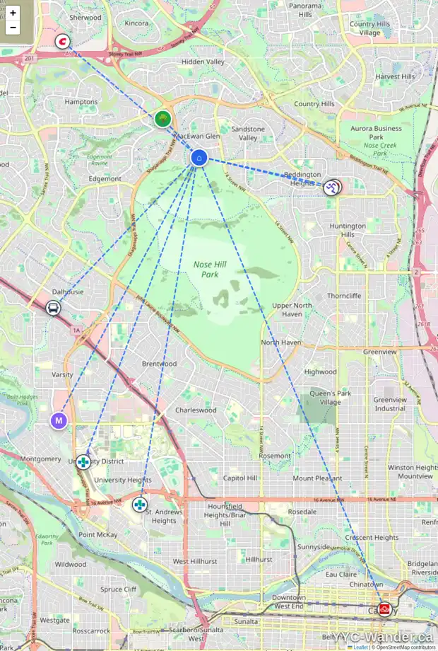Daily accessibility map for 208 MACEWAN GLEN DR NW, Calgary showing nearby schools, grocery stores, parks, LRT stations and nearby amenities