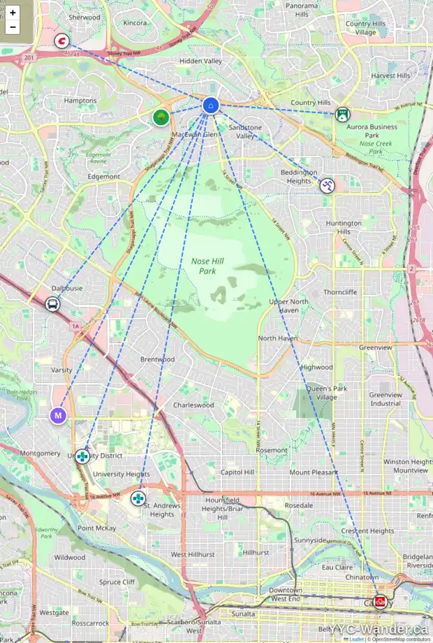 Daily accessibility map for 431 MACEWAN VALLEY RD NW, Calgary showing nearby schools, grocery stores, parks, LRT stations and nearby amenities