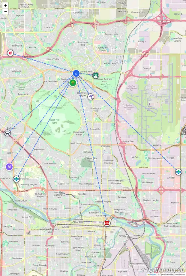 Daily accessibility map for 521 COUNTRY HILLS CO NW, Calgary showing nearby schools, grocery stores, parks, LRT stations and nearby amenities