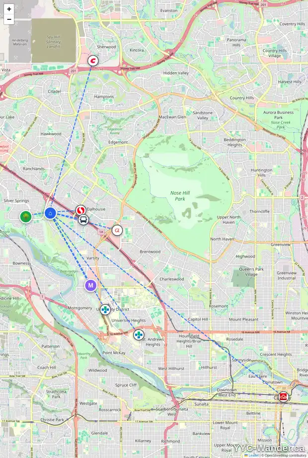Daily accessibility map for 1434 VARSITY ESTATES DR NW, Calgary showing nearby schools, grocery stores, parks, LRT stations and nearby amenities