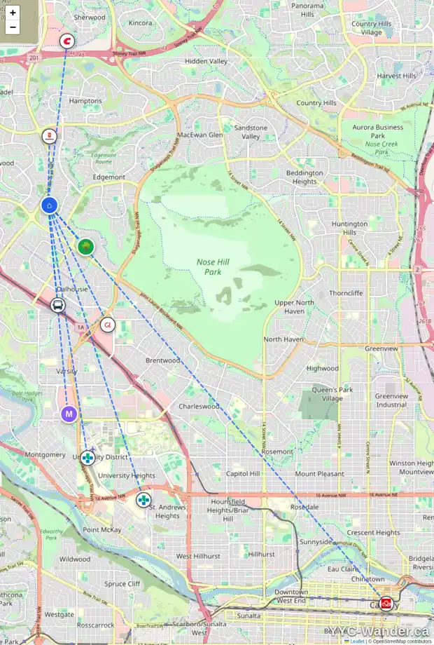 Daily accessibility map for 108 EDGEHILL CL NW, Calgary showing nearby schools, grocery stores, parks, LRT stations and nearby amenities