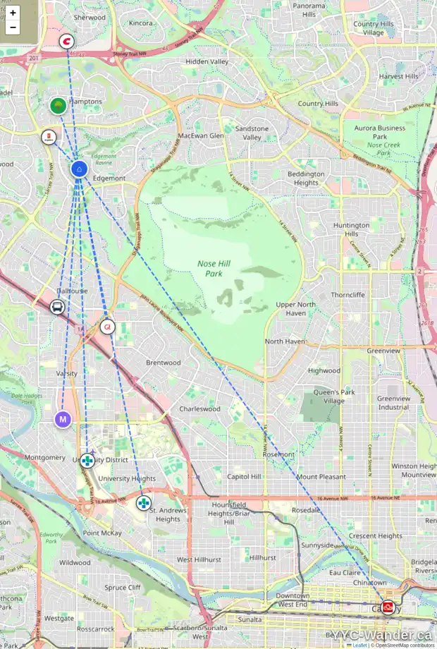 Daily accessibility map for 162 EDGEVIEW DR NW, Calgary showing nearby schools, grocery stores, parks, LRT stations and nearby amenities