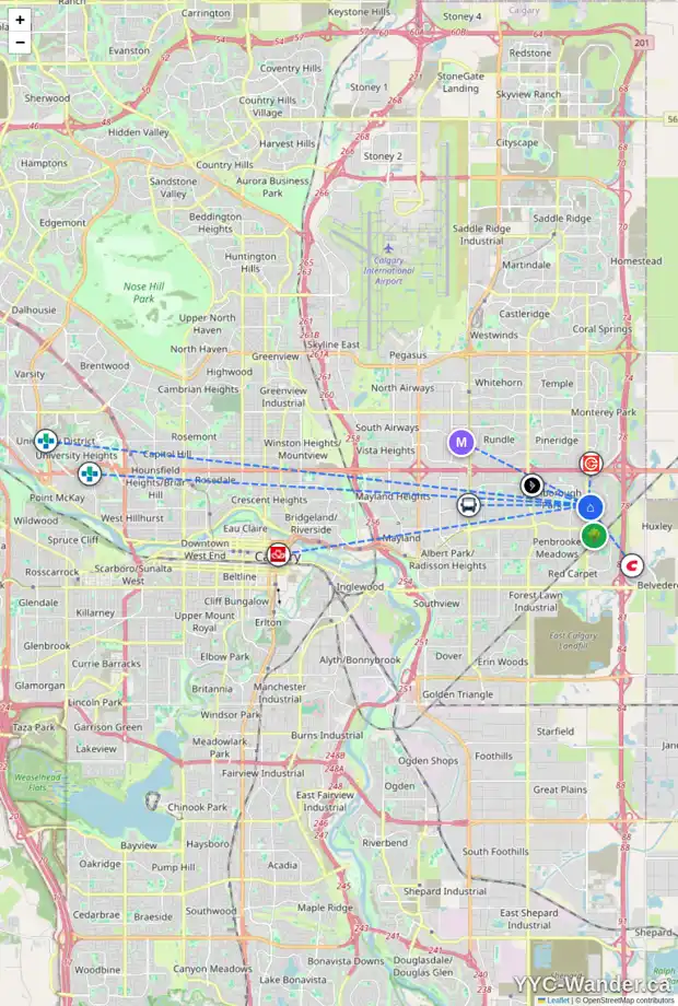 Daily accessibility map for 260 ABINGER CR NE, Calgary showing nearby schools, grocery stores, parks, LRT stations and nearby amenities