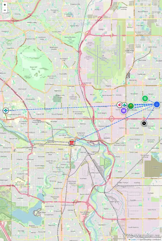 Daily accessibility map for 724 PINECLIFF RD NE, Calgary showing nearby schools, grocery stores, parks, LRT stations and nearby amenities
