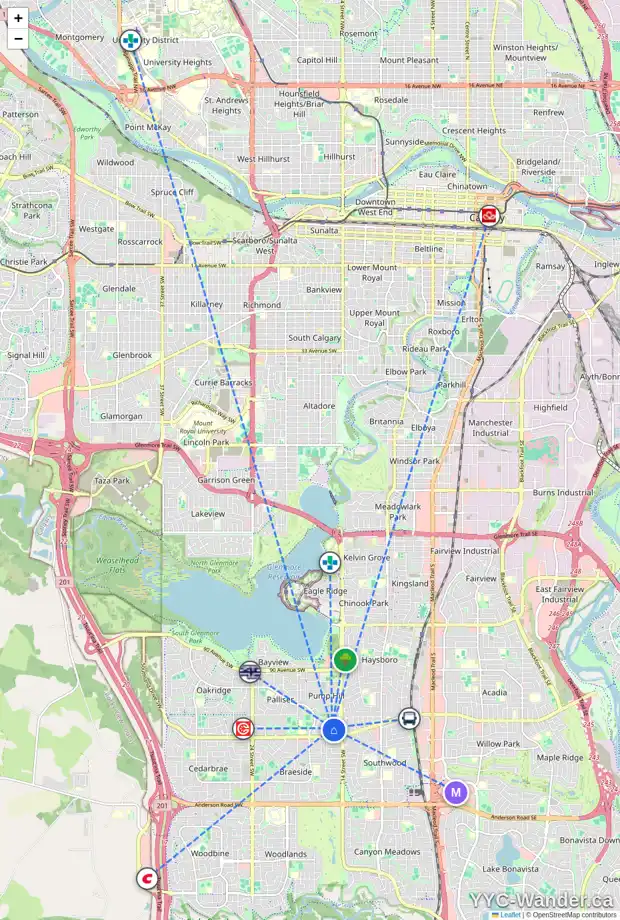 Daily accessibility map for 320 PUMP HILL CR SW, Calgary showing nearby schools, grocery stores, parks, LRT stations and nearby amenities