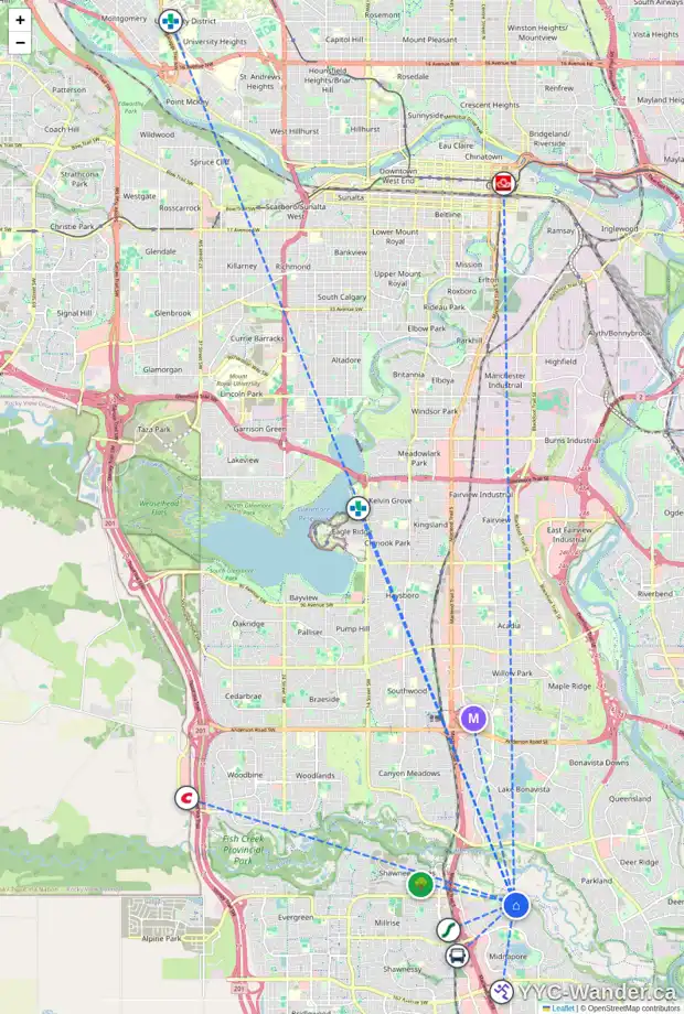 Daily accessibility map for 119 MIDRIDGE CL SE, Calgary showing nearby schools, grocery stores, parks, LRT stations and nearby amenities
