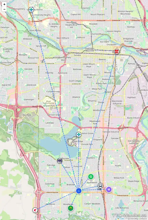 Daily accessibility map for 173 BRANIFF CR SW, Calgary showing nearby schools, grocery stores, parks, LRT stations and nearby amenities