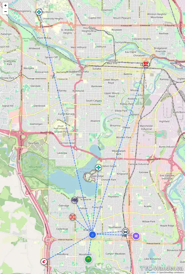 Daily accessibility map for 128 BRAXTON PL SW, Calgary showing nearby schools, grocery stores, parks, LRT stations and nearby amenities