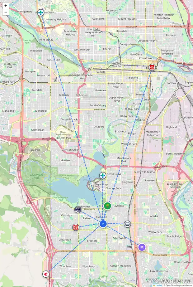 Daily accessibility map for 144 PUMP HILL RD SW, Calgary showing nearby schools, grocery stores, parks, LRT stations and nearby amenities