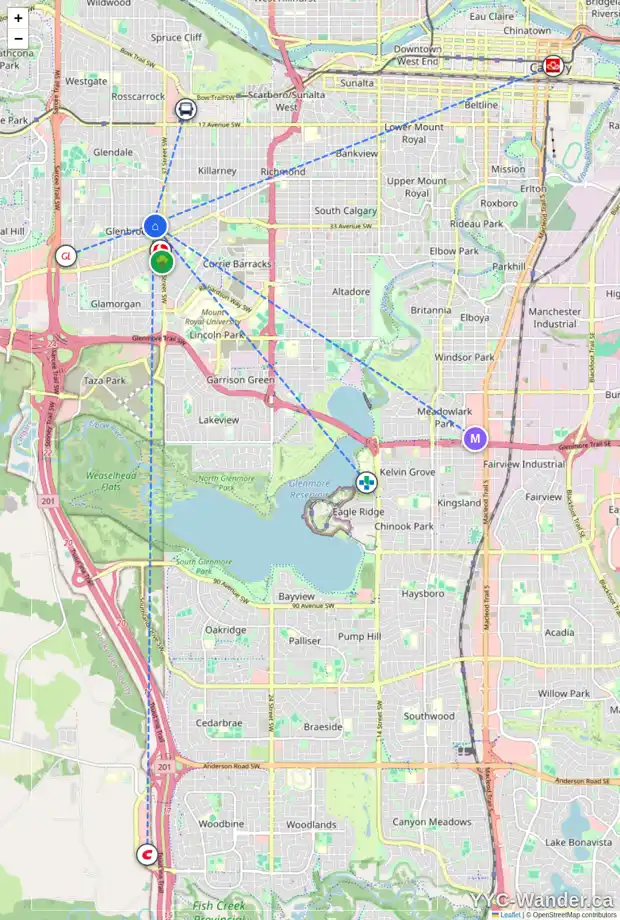 Daily accessibility map for 3332 39 ST SW, Calgary showing nearby schools, grocery stores, parks, LRT stations and nearby amenities