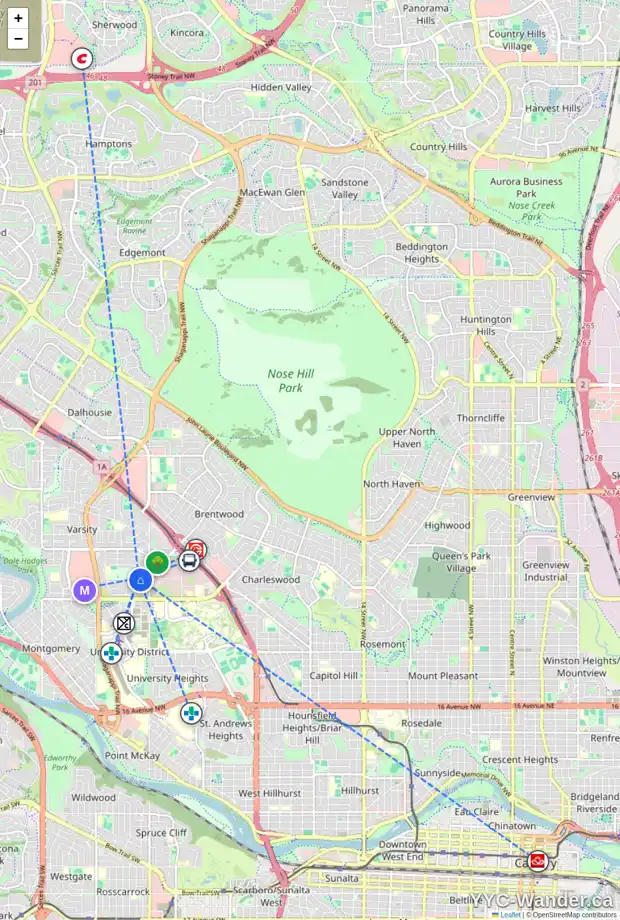 Daily accessibility map for 36 VARSVILLE PL NW, Calgary showing nearby schools, grocery stores, parks, LRT stations and nearby amenities