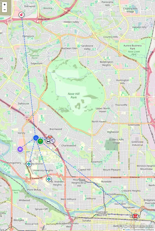 Daily accessibility map for 3912 40 AV NW, Calgary showing nearby schools, grocery stores, parks, LRT stations and nearby amenities