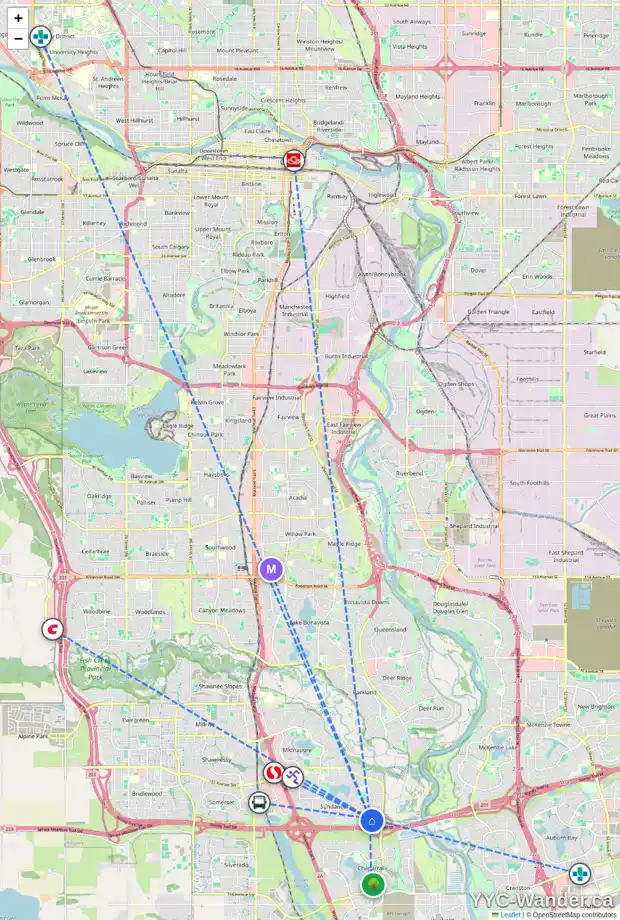 Daily accessibility map for 1371 SUNVISTA WY SE, Calgary showing nearby schools, grocery stores, parks, LRT stations and nearby amenities