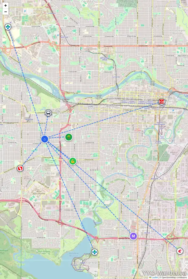 Daily accessibility map for 2432 28 ST SW, Calgary showing nearby schools, grocery stores, parks, LRT stations and nearby amenities
