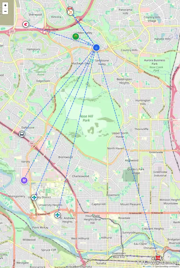Daily accessibility map for 10190 HIDDEN VALLEY DR NW, Calgary showing nearby schools, grocery stores, parks, LRT stations and nearby amenities
