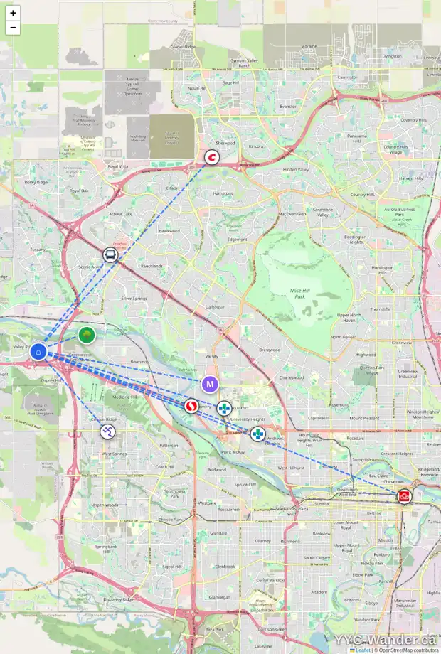 Daily accessibility map for 25 VALLEY MEADOW GD NW, Calgary showing nearby schools, grocery stores, parks, LRT stations and nearby amenities