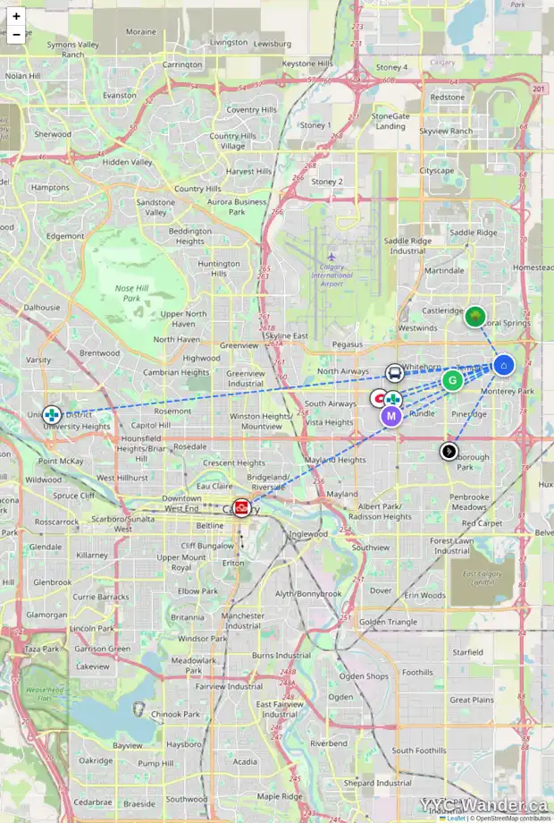 Daily accessibility map for 10 SARATOGA CL NE, Calgary showing nearby schools, grocery stores, parks, LRT stations and nearby amenities