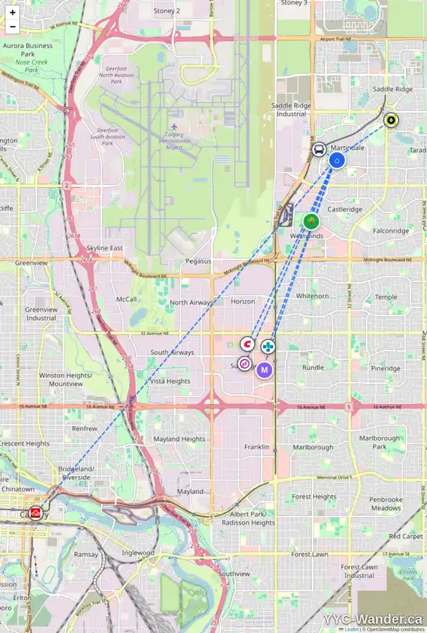 Daily accessibility map for 89 MARTINBROOK LI NE, Calgary showing nearby schools, grocery stores, parks, LRT stations and nearby amenities