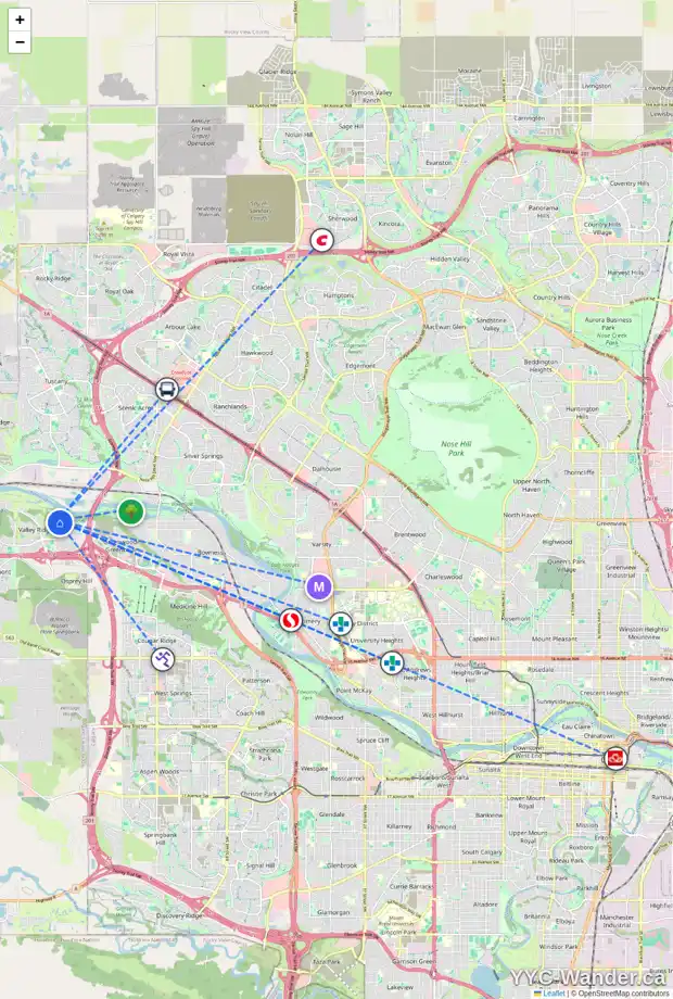 Daily accessibility map for 323 VALLEY SPRINGS TC NW, Calgary showing nearby schools, grocery stores, parks, LRT stations and nearby amenities
