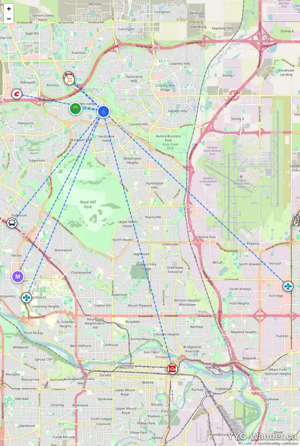 Daily accessibility map for 10468 HIDDEN VALLEY DR NW, Calgary showing nearby schools, grocery stores, parks, LRT stations and nearby amenities