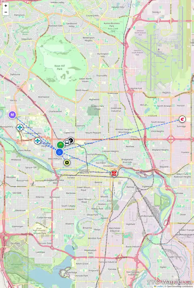 Daily accessibility map for 2214 7 AV NW, Calgary showing nearby schools, grocery stores, parks, LRT stations and nearby amenities