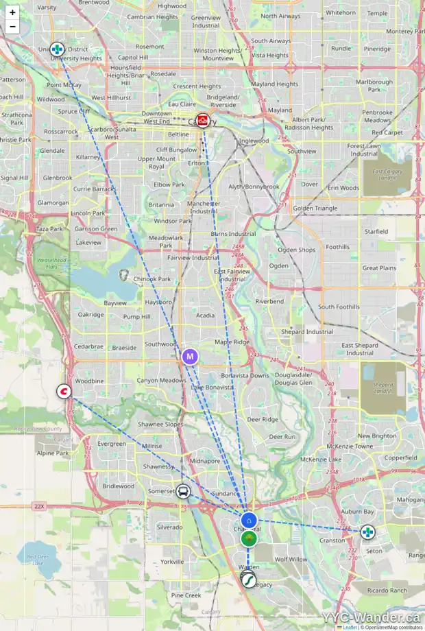 Daily accessibility map for 72 CHAPARRAL WY SE, Calgary showing nearby schools, grocery stores, parks, LRT stations and nearby amenities
