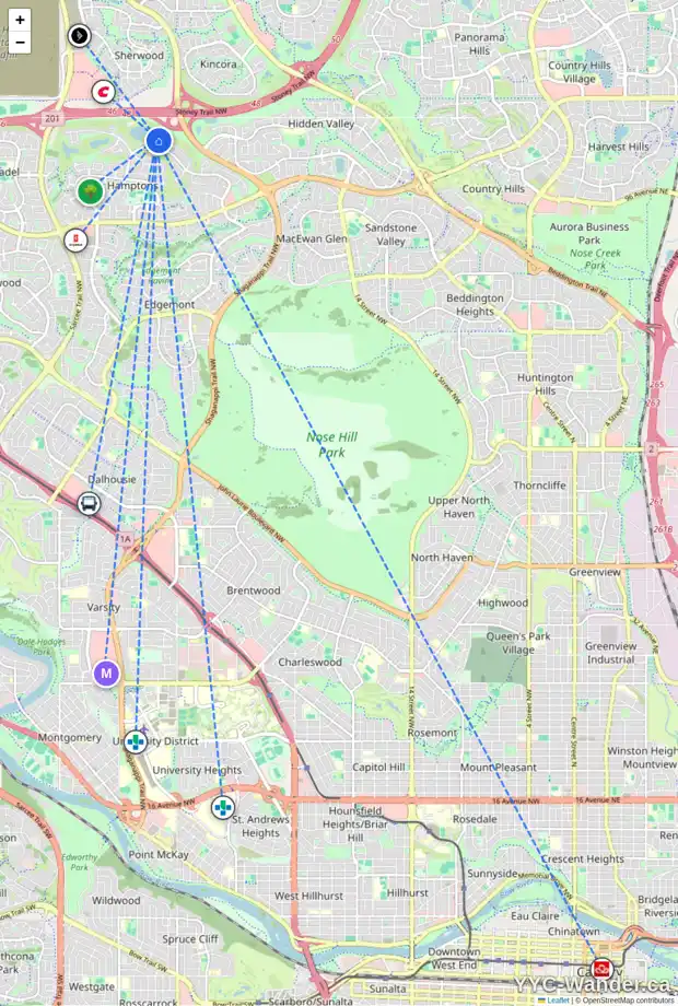 Daily accessibility map for 59 HAMPTONS BA NW, Calgary showing nearby schools, grocery stores, parks, LRT stations and nearby amenities