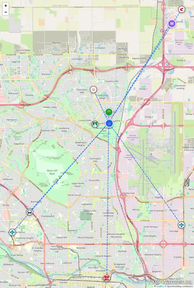 Daily accessibility map for 9711 HARVEST HILLS LI NE, Calgary showing nearby schools, grocery stores, parks, LRT stations and nearby amenities