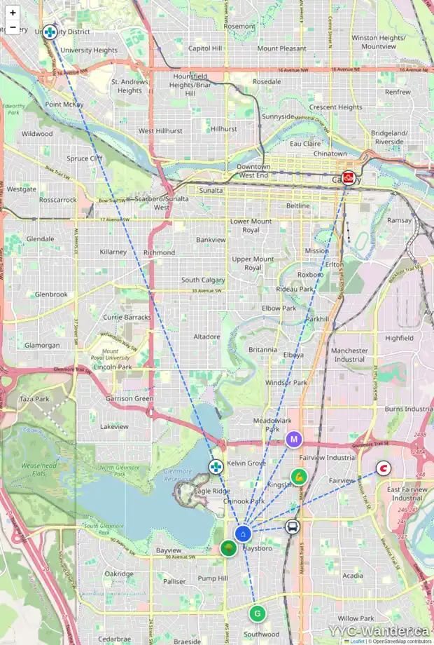 Daily accessibility map for 98 HOLDEN RD SW, Calgary showing nearby schools, grocery stores, parks, LRT stations and nearby amenities