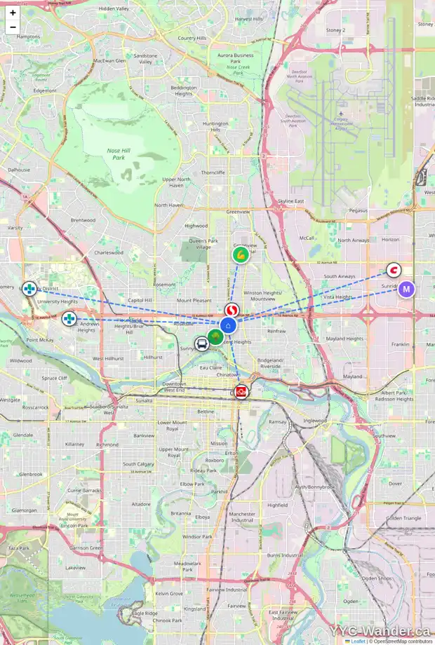 Daily accessibility map for 110 13 AV NW, Calgary showing nearby schools, grocery stores, parks, LRT stations and nearby amenities
