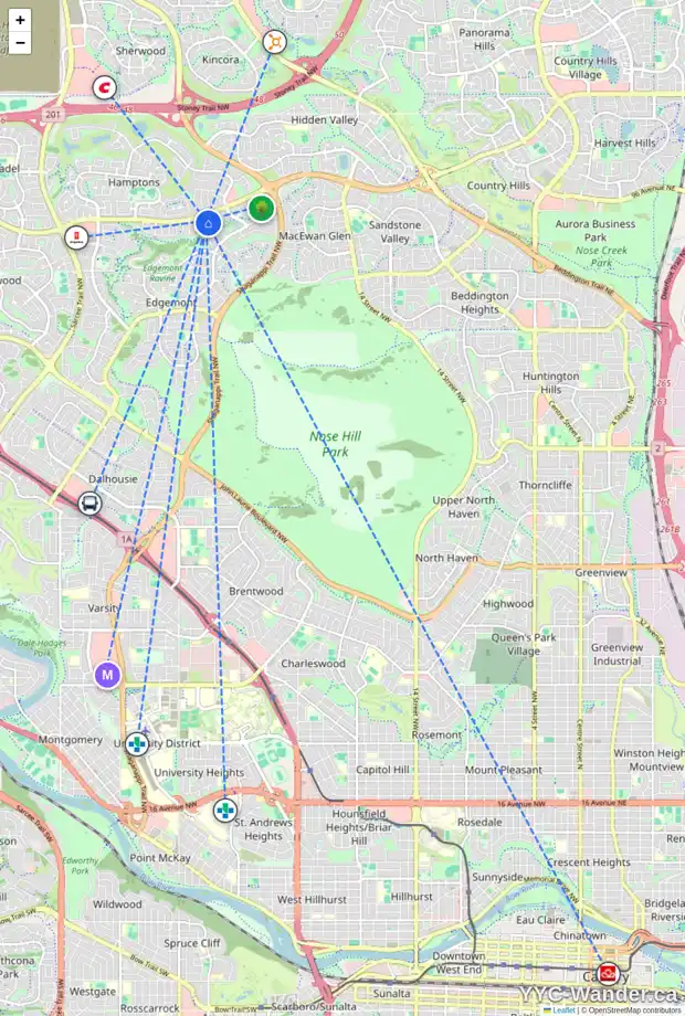 Daily accessibility map for 1 EDGERIDGE ME NW, Calgary showing nearby schools, grocery stores, parks, LRT stations and nearby amenities