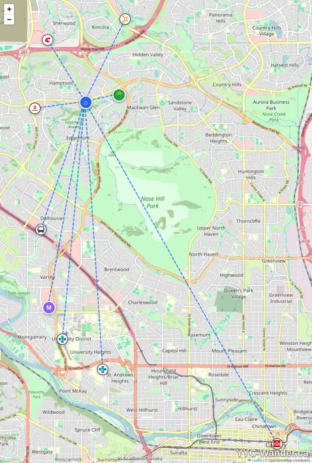 Daily accessibility map for 54 EDGERIDGE GR NW, Calgary showing nearby schools, grocery stores, parks, LRT stations and nearby amenities
