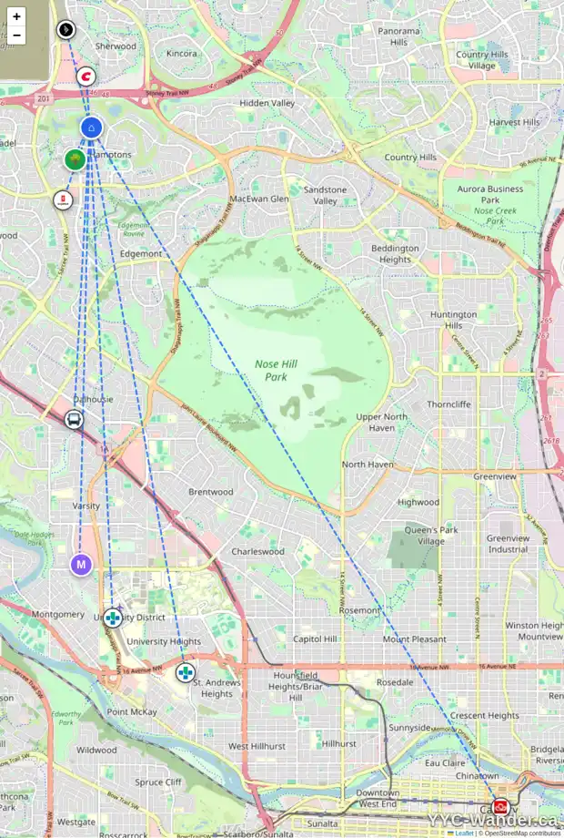 Daily accessibility map for 68 HAMPTONS CV NW, Calgary showing nearby schools, grocery stores, parks, LRT stations and nearby amenities