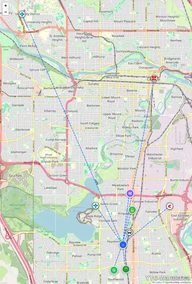 Daily accessibility map for 74 HOGARTH CR SW, Calgary showing nearby schools, grocery stores, parks, LRT stations and nearby amenities