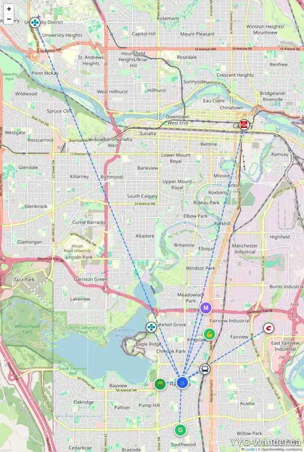 Daily accessibility map for 4 HOOVER PL SW, Calgary showing nearby schools, grocery stores, parks, LRT stations and nearby amenities